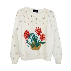 1980s Vintage Woolrich Cottage Core Chunky Knit Retro Floral Sweater Medium